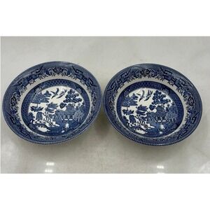 VTG Churchill Blue Willow Pattern Soup Bowls England Chinoiserie 6" Set of 2